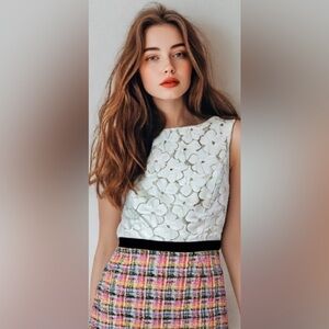 EUC Trina Turk made USA white lace bodice and multi boucle skirt sz4 QUALITY